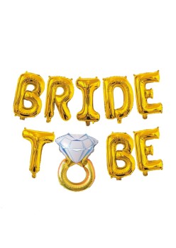 Set Baloane din Folie Metalizata, Flippy, Model Bride to Be cu Inel de Logodna, Litere de 40 cm, Baloane Party, Ambalaj Individual, Pai Inclus, Umflare cu Aer sau Heliu, Auriu