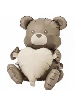 Balon din Folie Metalizata, Flippy, Figurina Animata, Model Ursulet cu Inima, 65 x 65 cm, Ambalaj Individual, Pai Inclus, Umflare cu Aer sau Heliu, Maro