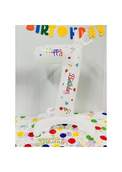 Balon din Folie Metalizata, Flippy, Figurina Cifra, Model 7 cu Happy Birthday Scris, Tema Aniversare 81 cm, Ambalaj Individual, Pai Inclus, Umflare cu Aer sau Heliu, Alb