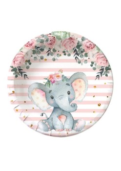 Set 10 Farfurii Unica Folosinta, Flippy, Imprimeu Elefant, din Carton, 22 cm, Roz
