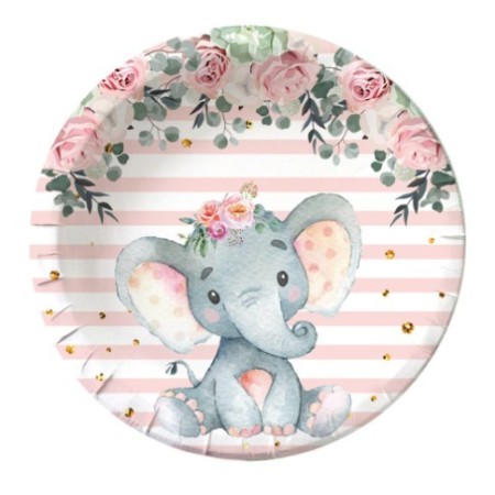 Set 10 Farfurii Unica Folosinta, Flippy, Imprimeu Elefant, din Carton, 22 cm, Roz