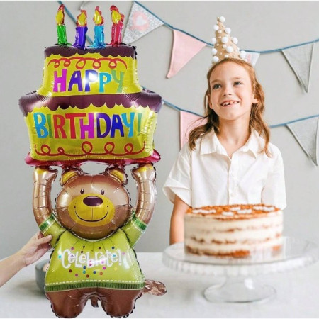 Balon din Folie Metalizata, Flippy, Figurine Animalute, Model Ursulet cu Tort Aniversar, 124x65 cm, Ambalaj Individual, Pai Inclus, Umflare cu Aer sau Heliu, Multicolor