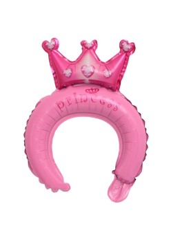 Balon din Folie Metalizata, Flippy, Tip Coronita cu Urechi, Model Coronita de Printesa, Ambalaj Individual, Pai Inclus, Umflare cu Aer sau Heliu, 30 x 27 cm, Roz