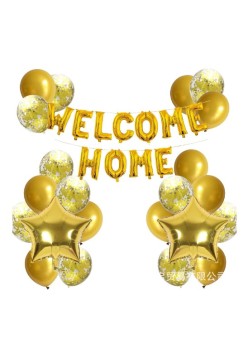 Set baloane folie si latex, Flippy, WELCOME HOME, 22 de piese, 20 baloane latex, 2 baloane stea Folie, 1 set Welcome Home, Auriu