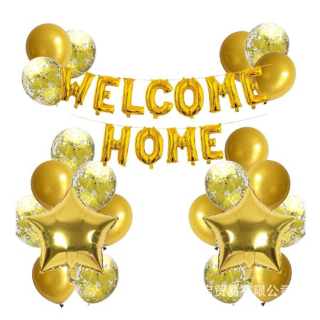 Set baloane folie si latex, Flippy, WELCOME HOME, 22 de piese, 20 baloane latex, 2 baloane stea Folie, 1 set Welcome Home, Auriu