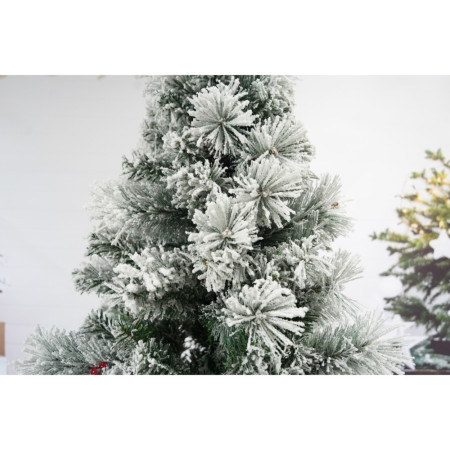 Brad artificial de Craciun nins, decorat cu conuri pin, pentru interior/exterior, inaltime 210 cm, diametru 131 cm, 630 ramuri, Flippy, alb/verde, suport metalic inclus