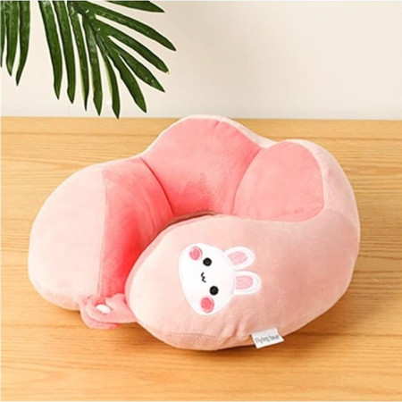 Pernă de Călătorie Ergonomică pentru Gât și Cap, Bumbac Moale, Suport Confortabil, Model Brodat Iepure, 28x28x10 cm, Roz