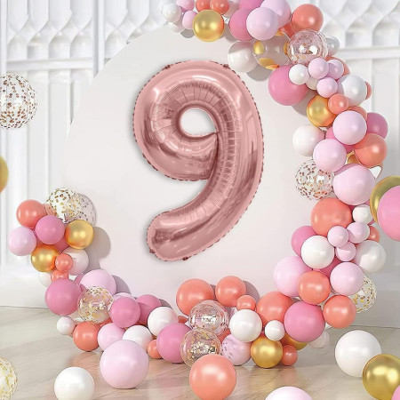 Balon din Folie Metalizata Flippy, Figurina Cifra, Tema Aniversare 40 cm, Ambalaj Individual, Pai inclus, Umflare cu Aer sau Heliu, Rose Gold, Cifra 9