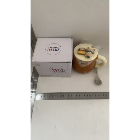 Cana ceramica, Flippy, Model Urs, cu lingura si capac, Maro