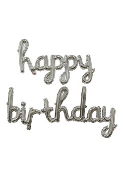 Set 10 Baloane din Folie Metalizata, Flippy, Figurine Litere, Model Scris de Mana Happy Birthday, Tema Aniversare, 40 cm, Ambalaj Individual, Pai Inclus, Umflare cu Aer sau Heliu, Argintiu
