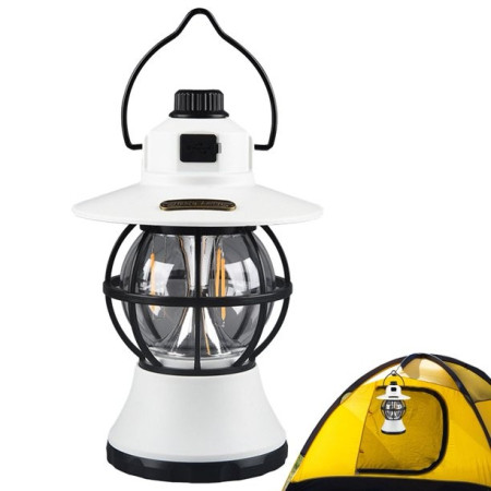 Lampă Camping Retro Reîncărcabilă, 3 Moduri Iluminare, 1200mAh, LED 5W, Intensitate Reglabilă, Culoare Albă, 20 cm, Portabilă cu Mâner