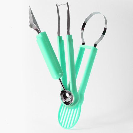 Ustensila bucatarie 4 in 1 pentru taiat si decorat fructe Flippy, material inox si plastic, compact, 28x6.2 cm, verde
