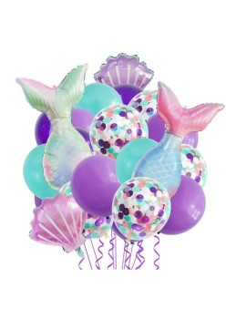 Baloane decorative Aqua Sirene, Flippy, Set MIX 22 baloane, din folie de alumiu, 2 Sirene, 2 Scoici, 18 baloane din latex, 50 x 85 cm Adeziv si pai inclus, Mov Multicolor