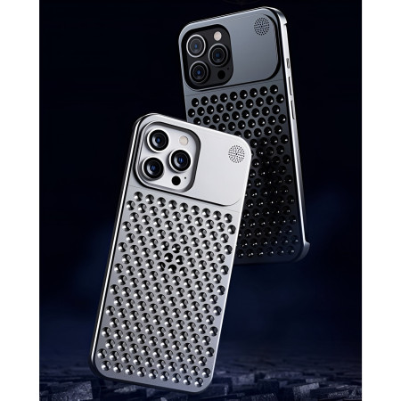 Husa Aromaterapia Compatibila cu iPhone 15 Pro Max, Flippy, Antisoc, Antizgariere, Protectie Camera si Supraincalzire, din Aliaj de Aluminiu, Argintiu