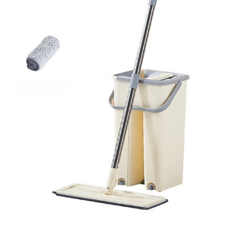 Set de curatenie Flippy, mop si galeata, galeata 6 l, 2 rezerve microfibra incluse, design modern, pentru interior, material plastic, peri sintetici, plat, cu storcere, bej
