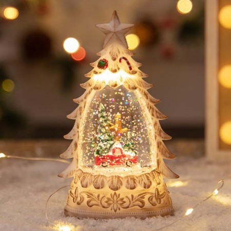 Decoratiune de Craciun tip Brad, Flippy, Glob de Cristal cu Fulgi de Zapada, Model Masinuta cu Brad, Iluminare LED, 16 x 9 x 5 cm, Carcasa Vintage Bej, Transparent