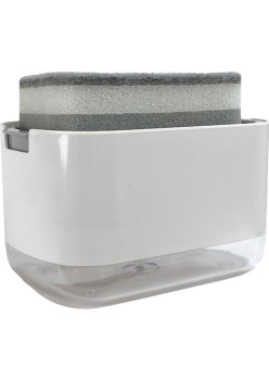 Dozator Flippy, Dispenser 2 in 1 pentru Detergent Lichid de Vase sau pentru Obiecte Sanitare cu Suport pentru Burete de Bucatarie , 8.6 x 14.5 x 10 cm, capacitate 300 ml, alb