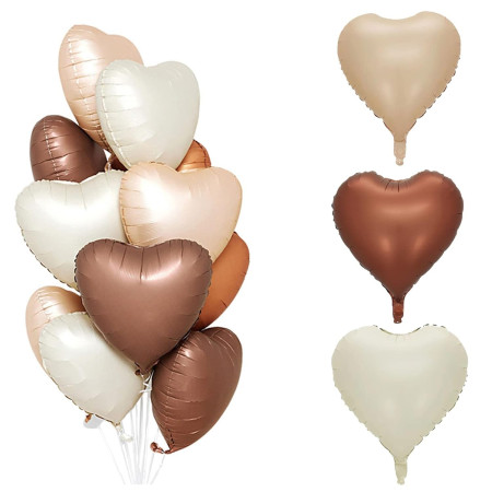Set 3 Baloane din Folie Metalizata, Flippy, Figurine Inimi, Tema Ziua Indragostitilor, 45 cm, Ambalaj Individual, Pai Inclus, Umflare cu Aer sau Heliu, Crem/Maro
