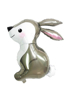 Balon din Folie Metalizata, Flippy, Ambalaj Individual, Pai Inclus, Model Iepure, Tema Animalute, 56x73 cm, Umflare cu Aer sau Heliu, Gri