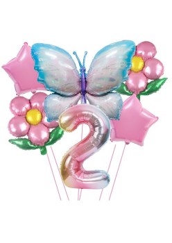 Set baloane aniversare cu numere, din folie de aluminiu, 6 piese, 2 flori, 2 stelute, 1 fluture, 1 cifra, Multicolor, Cifra 2