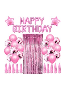 Set 47 baloane, 10 ciucuri, 2 baloane stea folie, 6 baloane latex confetti, 6 baloane galbene latex, 8 baloane negre latex, 1 Perdea Praty Folie, Litere Happy Birthday, Roz