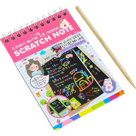 Caiet cu fise razuibile Flippy, DIY Magic Scratch, 12 File, Curcubeu, Creion din Lemn, Cartonase negre, 14.2 x 9.8 cm, Roz deschis