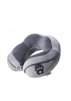Pernă de Călătorie pentru Gât și Cap, Design Ergonomic, Umplutură Moale din Bumbac, Model Brodat Urs, 28x28x10 cm, Gri