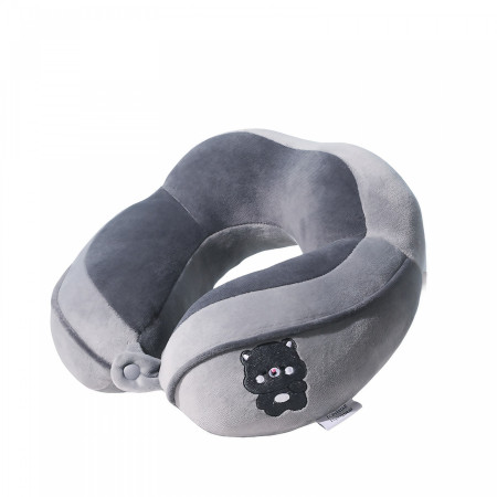 Pernă de Călătorie pentru Gât și Cap, Design Ergonomic, Umplutură Moale din Bumbac, Model Brodat Urs, 28x28x10 cm, Gri