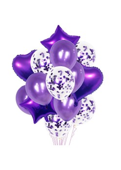 Set 14 Baloane din Folie Metalizată si din Latex, Flippy, Figurine Stea si Inima 45 cm, Baloane Latex 30 cm, Tema Buchet, Ambalaj Individual, Pai Inclus, Umflare cu Aer sau Heliu, Mov