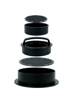 Presa dubla pentru hamburgeri 2 in 1, forma si presa, doua dimensiuni, cu maner, usor de curatat si folosit, material ABS, 100 de foi hartie de copt incluse, 13x13.5x7 cm, fara lipire, neagra