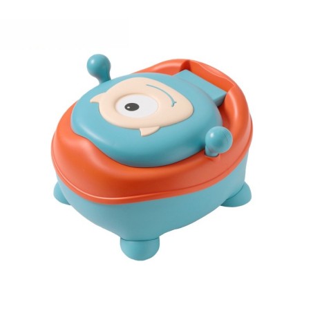 Olita pentru Copii, Flippy, +6 luni, Compartiment Detasabil, cu Capac, Antiderapanta, din Plastic, Colac Moale, Model Animat Ciclop, cu Maner, 33 x 21 x 45 cm, Albastru/Portocaliu