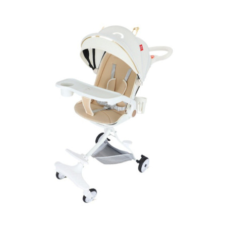 Cărucior Sport 3 în 1, Reversibil, Pliabil, Poziție Somn, Tavă Masă, Roti 360°, Suport Pahar, Copertină Soare, Alb Model Pisică, 6-36 Luni