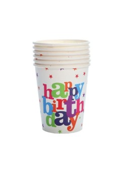 Set 6 Pahare, Flippy, Imprimeu Happy Birthday, din Carton, 7.5 x 7.8 cm, Multicolor