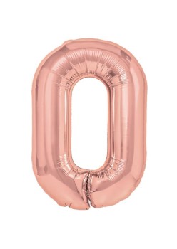 Balon din Folie Metalizata Flippy, Figurina Cifra, Tema Aniversare 40 cm, Ambalaj Individual, Pai inclus, Umflare cu Aer sau Heliu, Rose Gold, Cifra 0