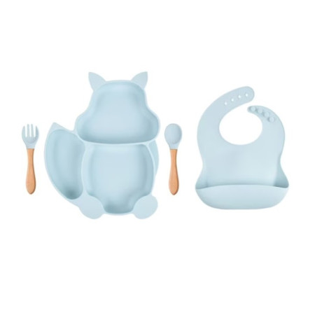 Accesorii diversificare bebelusi 10 piese, silicon alimentar, bol si farfurie cu ventuza, baveta, cana gustari, tacamuri lemn si silicon, baby blue