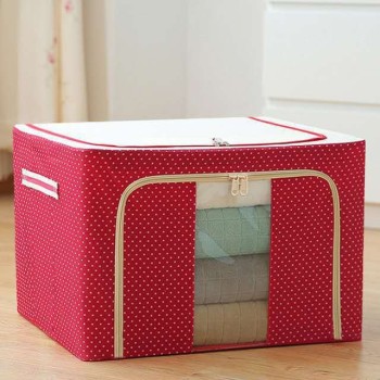 Cutie de Depozitare Pliabilă Premium, 100L, Textil Durabil, Cadru Metalic, Fermoar Rezistent, Fereastră Frontală, Imprimeu Punctat, 60x42x40 cm, Roșu