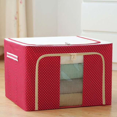 Cutie de Depozitare Pliabilă Premium, 100L, Textil Durabil, Cadru Metalic, Fermoar Rezistent, Fereastră Frontală, Imprimeu Punctat, 60x42x40 cm, Roșu