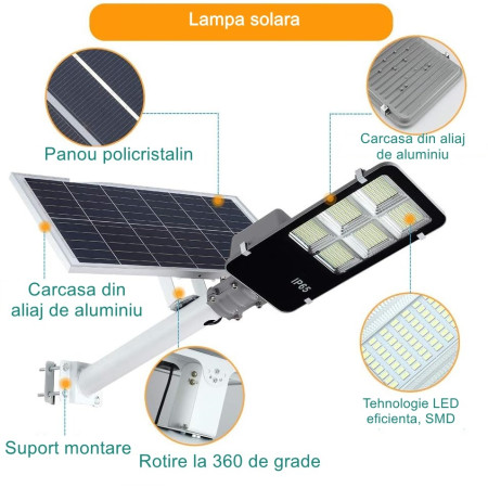 Lampa solara stradala Flippy, IP65, senzor de lumina, 417 LED-uri SMD, 24000 lm, 300W, autonomie 12-16 ore, telecomanda, montare prin fixare, pentru strada sau gradina, finisaj lucios, material ABS, 49.5 x 21 x 6.5 cm, lumina alb rece