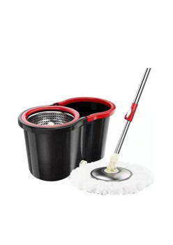 Set mop rotativ cu galeata Flippy, material plastic si microfibra, rezistent, cu dop scurgere, vas detasabil, pentru interior, capacitate 8 l, negru/rosu