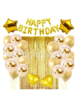 Set 24 de baloane folie si latex, 10 baloane latex simple, 10 bloane latex cu paiete, 4 baloane folie, ribon, 1x2 m perdea, Auriu