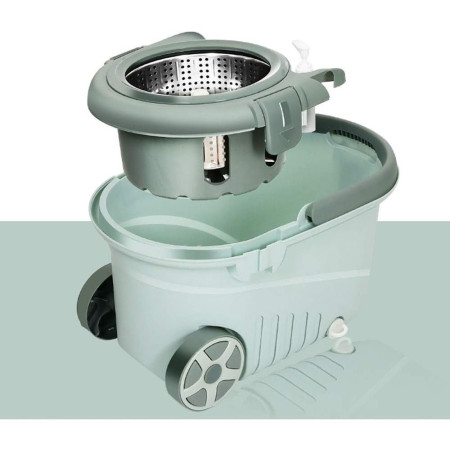 Set mop rotativ cu galeata Flippy, material plastic si microfibra, o rezerva inclusa, rezistent, cu dop scurgere, vas detasabil, orificiu pentru solutie, pentru interior, capacitate 8 l, verde