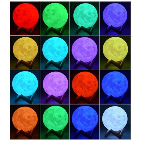 Lampa de veghe luna 3D Moon Light, lumina multicolora cu LED, 7 culori, schimbare culoare prin atingere, alimentare baterii, fara acumulator, stand din plastic inclus, 18 cm, Flippy