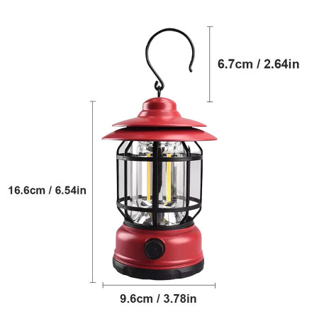 Lampă Portabilă Camping Roșie, Felinar Vintage cu Cârlig, 21 COB LED, Intensitate Reglabilă, 360° Iluminare, 5W, ABS, 10.8x14 cm