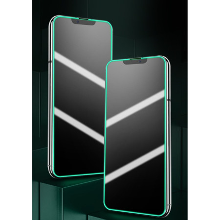 Folie de Sticla Securizata pentru Apple iPhone 15 Pro Max, Flippy, Luminous, Margine Fosforescenta Neon din Silicon, Mat, Anti-Amprenta, Protectie Completa, 9H, Verde
