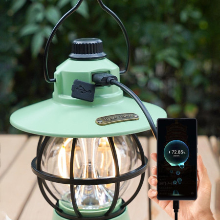 Lampă Camping Retro Portabilă, Felinar Vintage LED, 1200mAh, Reîncărcabilă USB, 3 Moduri de Iluminare, Intensitate Reglabilă, 5W, ABS, Mint, 20 cm