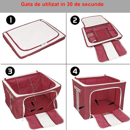 Cutie de Depozitare Pliabilă Premium, 100L, Textil Durabil, Cadru Metalic, Fermoar Rezistent, Fereastră Frontală, Imprimeu Punctat, 60x42x40 cm, Roșu