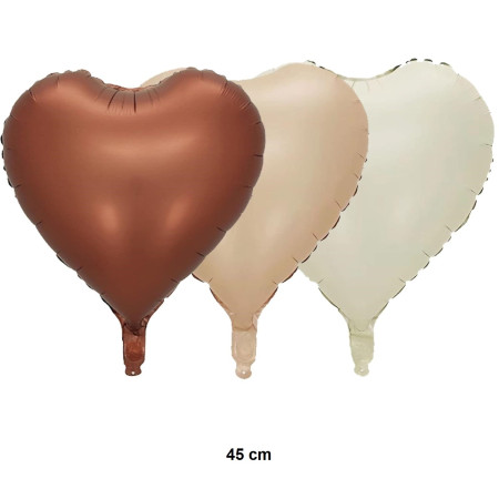 Set 3 Baloane din Folie Metalizata, Flippy, Figurine Inimi, Tema Ziua Indragostitilor, 45 cm, Ambalaj Individual, Pai Inclus, Umflare cu Aer sau Heliu, Crem/Maro