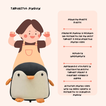 Taburet pentru Copii, Cadru din Lemn Masiv, Pernă Elastică din Burete, Design Ergonomic cu Mâner, Model Pinguin, 25 x 29 x 29 cm, Negru