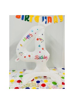 Balon din Folie Metalizata, Flippy, Figurina Cifra, Model 4 cu Happy Birthday Scris, Tema Aniversare 81 cm, Ambalaj Individual, Pai Inclus, Umflare cu Aer sau Heliu, Alb