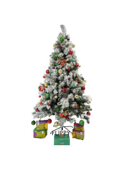 Set brad artificial de Craciun si elemente decorative, nins, decorat cu conuri pin, pentru interior/exterior, inaltime 210 cm, diametru 131 cm, 630 ramuri, Flippy, alb/verde, suport metalic inclus